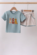 Blue gray Puppy embroidery shorts set