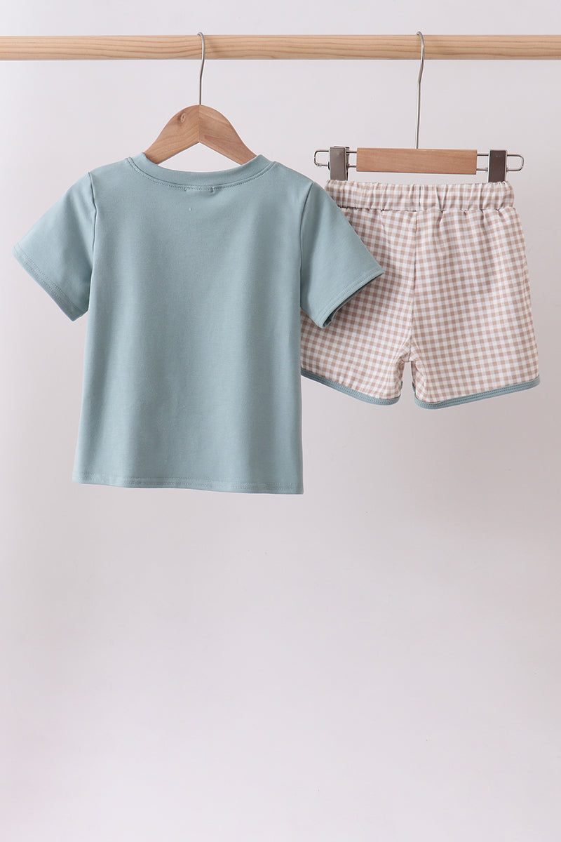 Blue gray Puppy embroidery shorts set